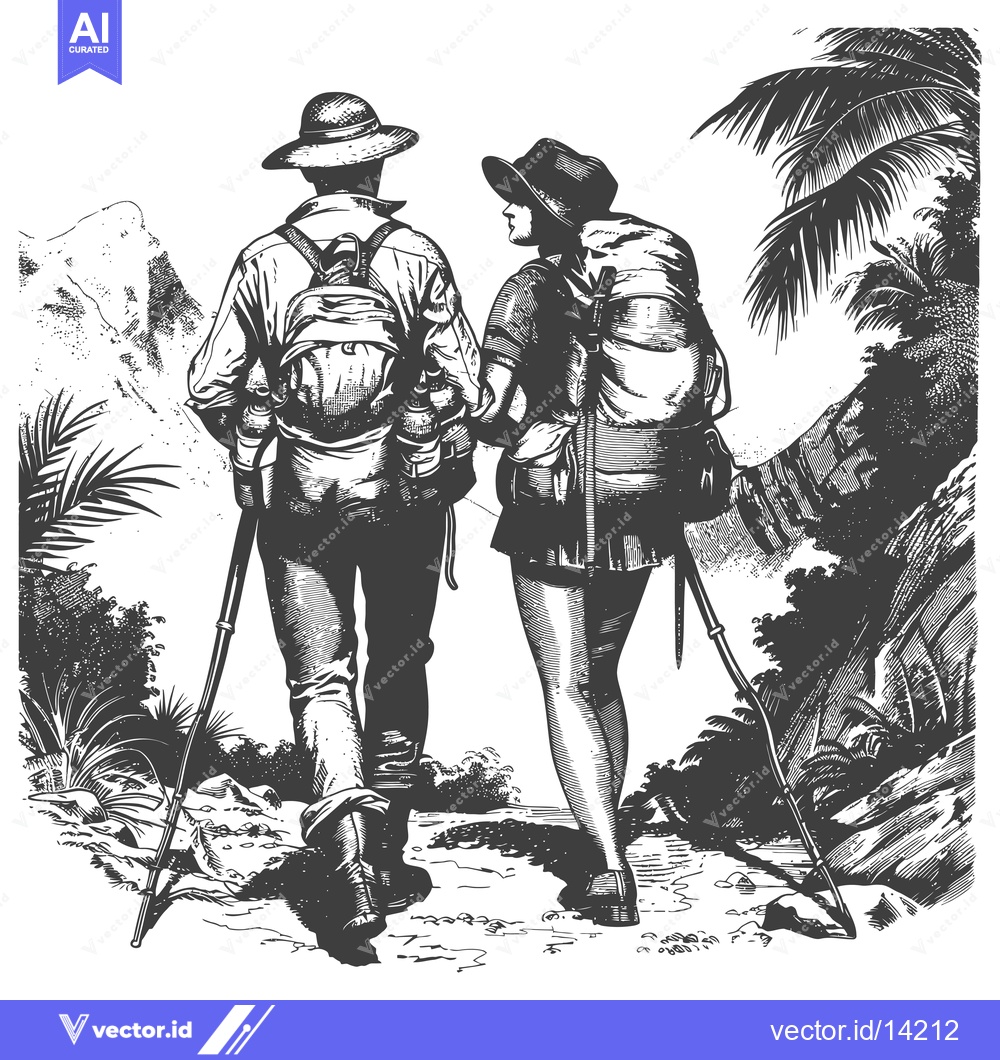 Premium Vector of A Couple Hiking Through a Tropical Jungle