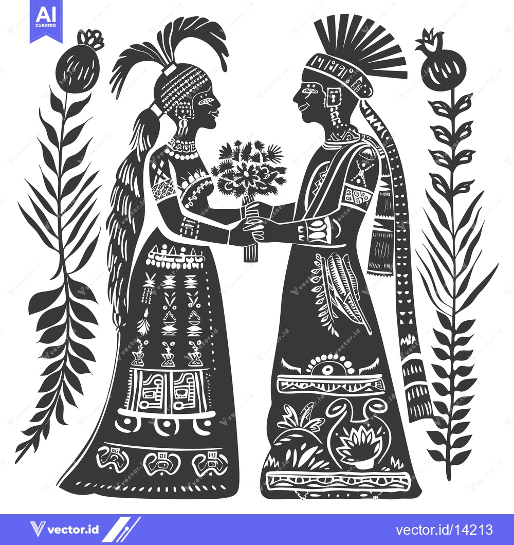 Premium Vector dari A Couple in Traditional Attire Holding Flowers and Standing by Plants