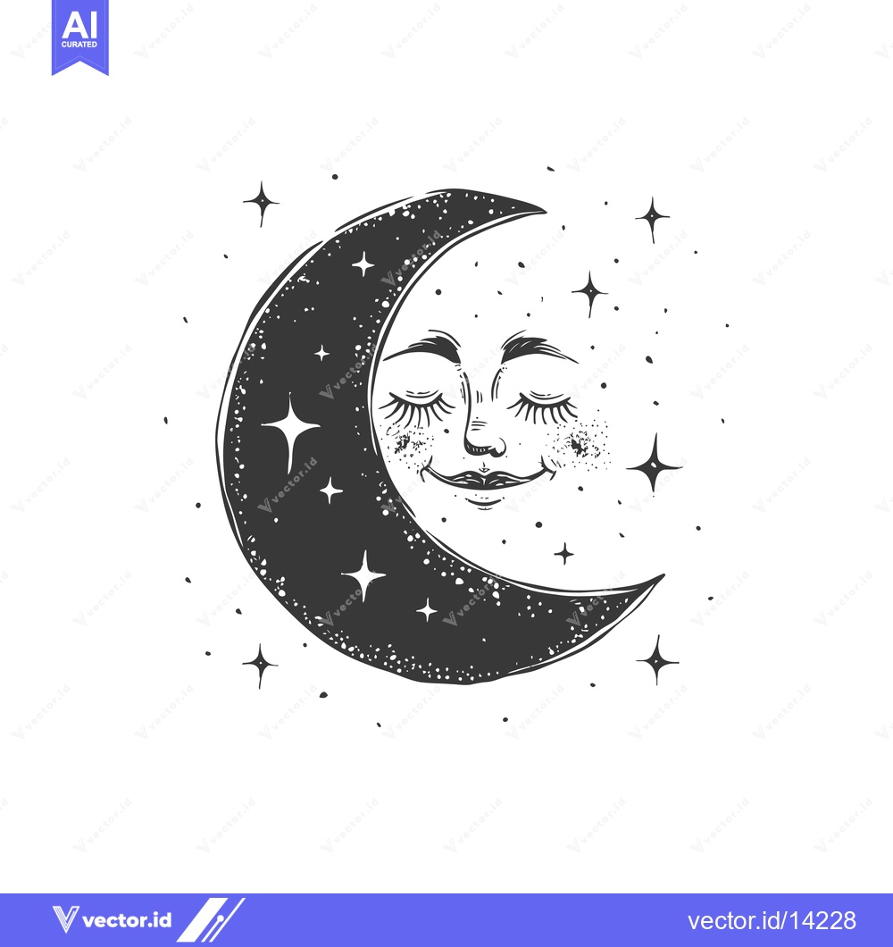 Premium Vector of A crescent moon with a face and closed eyes surrounded by stars