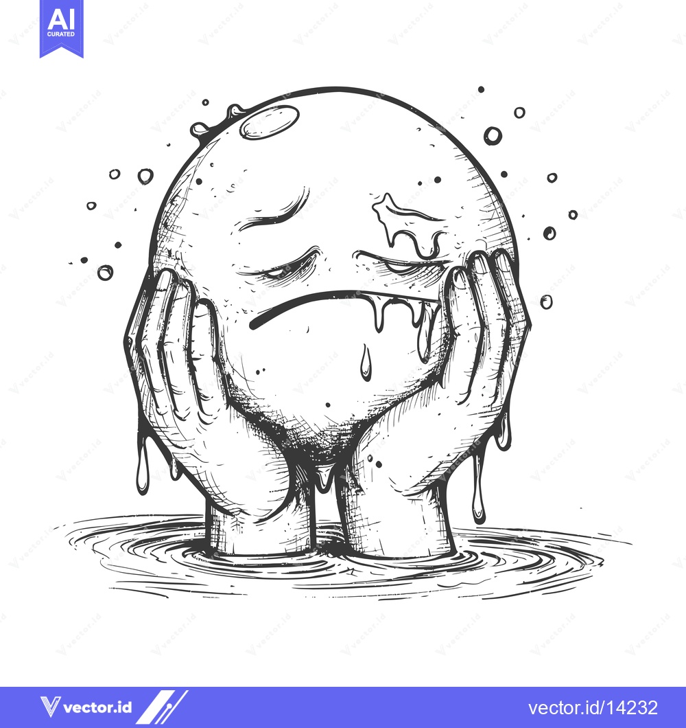 Premium Vector of A Crying Earth Globe With Tears Dripping Into Water