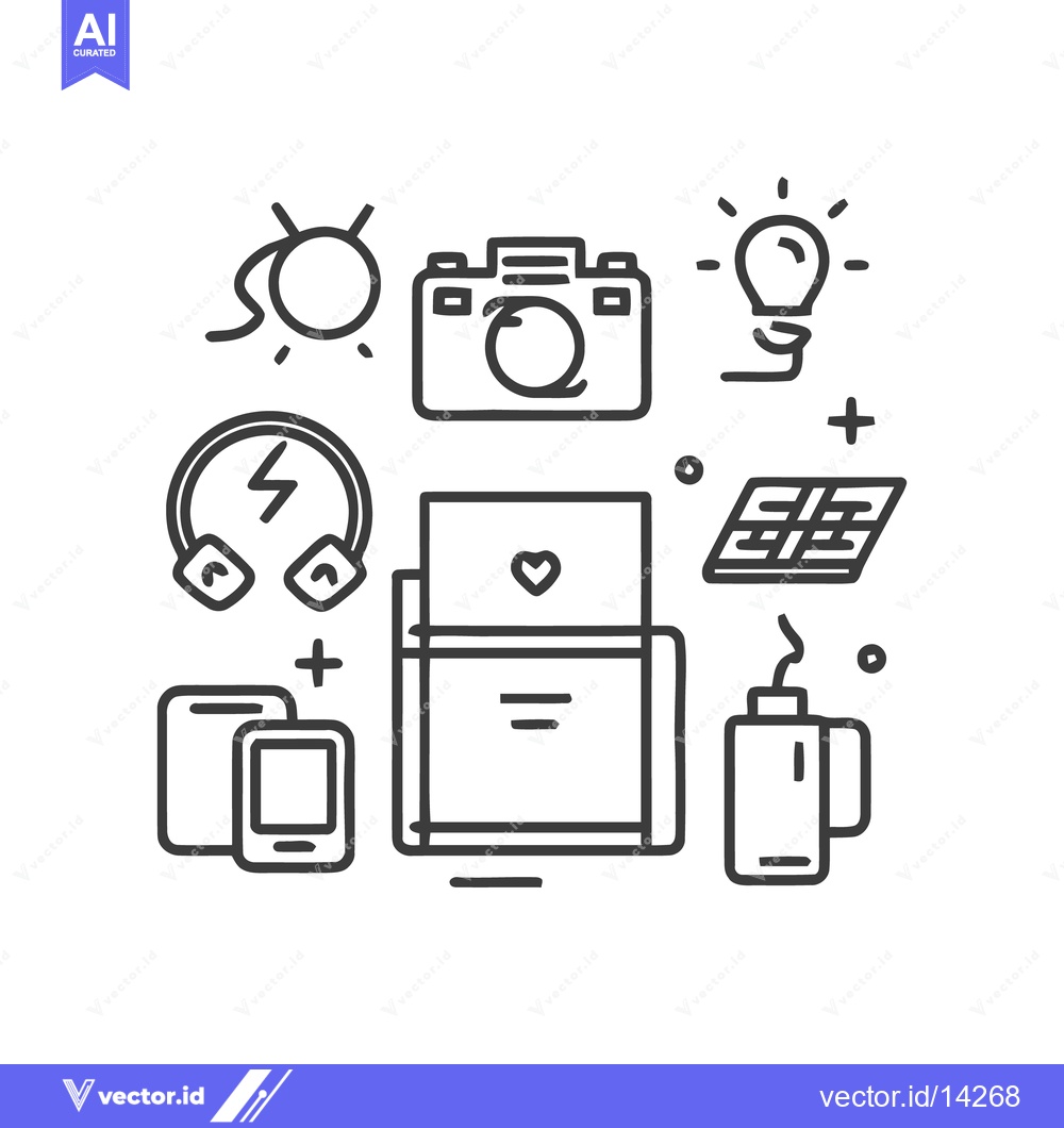 Premium Vector dari Minimalist Line Art: Creative Workspace Essentials with Camera, Coffee