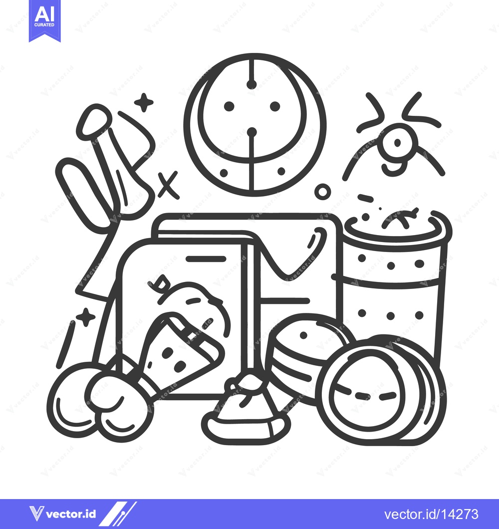 Premium Vector of An artistic monochrome illustration featuring various food items and s