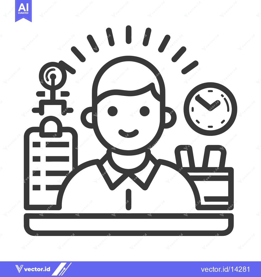 Premium Vector of Office Worker Smiling With Stationery and Desk Time Clock