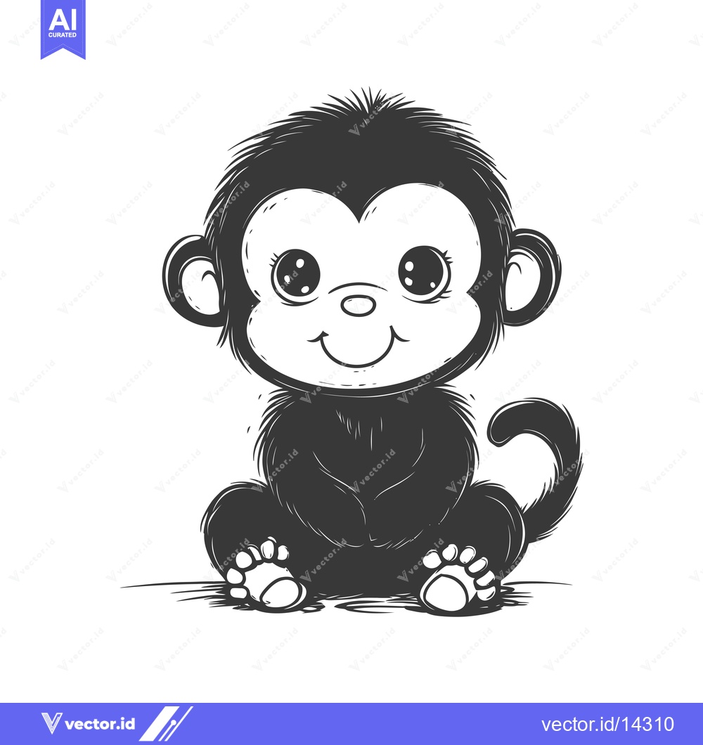 Premium Vector dari A Cute Black and White Cartoon Monkey Sitting with a Smile