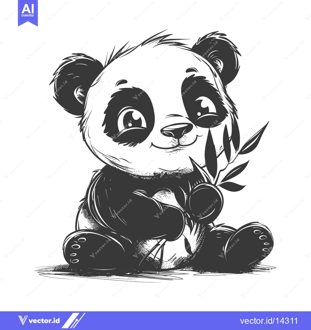 Premium Vector of A Cute Black and White Cartoon Panda Holding Bamboo
