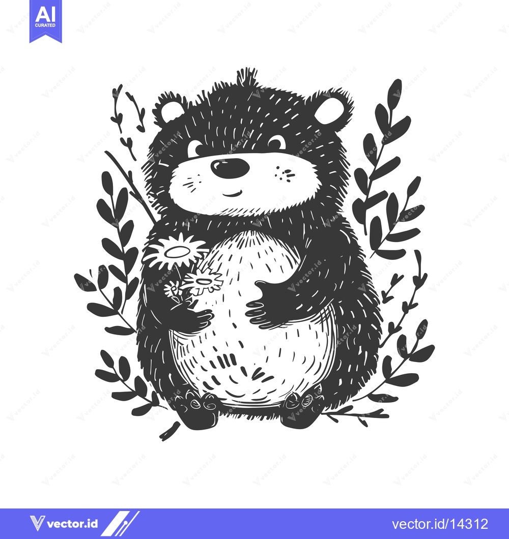 Premium Vector of A Cute Black and White Hand-Drawn Bear Holding Flowers