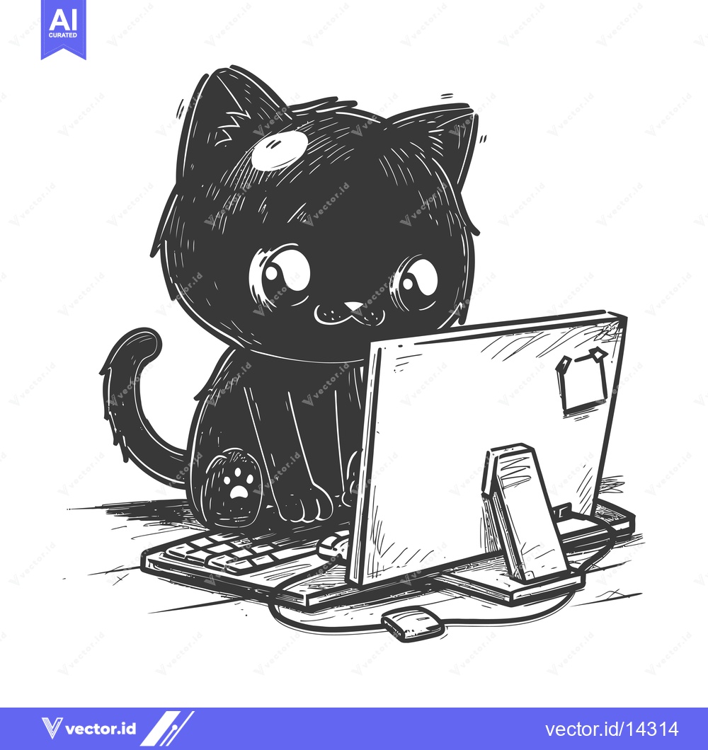 Premium Vector of A Cute Black Cat Uses a Computer with a Big Screen