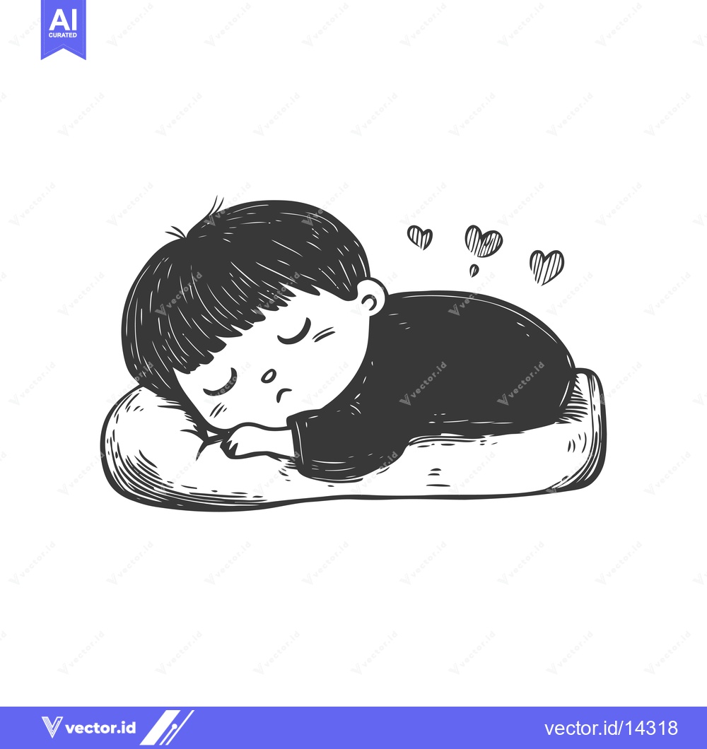 Premium Vector dari A Cute Cartoon Boy Sleeping on a Pillow with Hearts Floating Above Him
