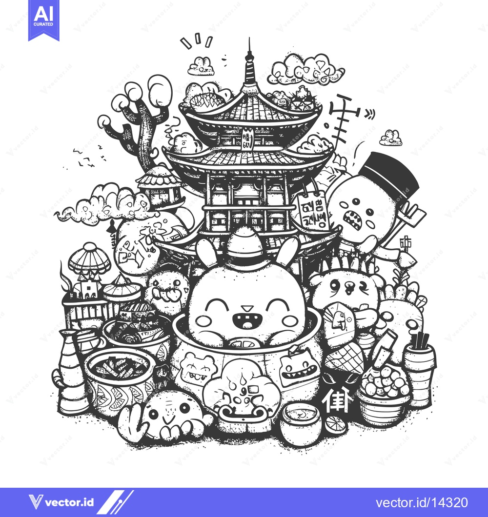 Premium Vector dari A Cute Cartoon Character with a Japanese Pagoda and Surrounding Elemen