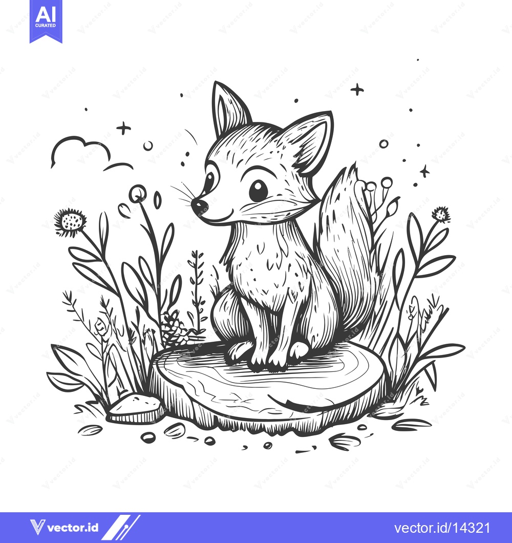 Premium Vector dari A Cute Cartoon Fox Sitting on a Tree Stump Surrounded by Plants and Fl