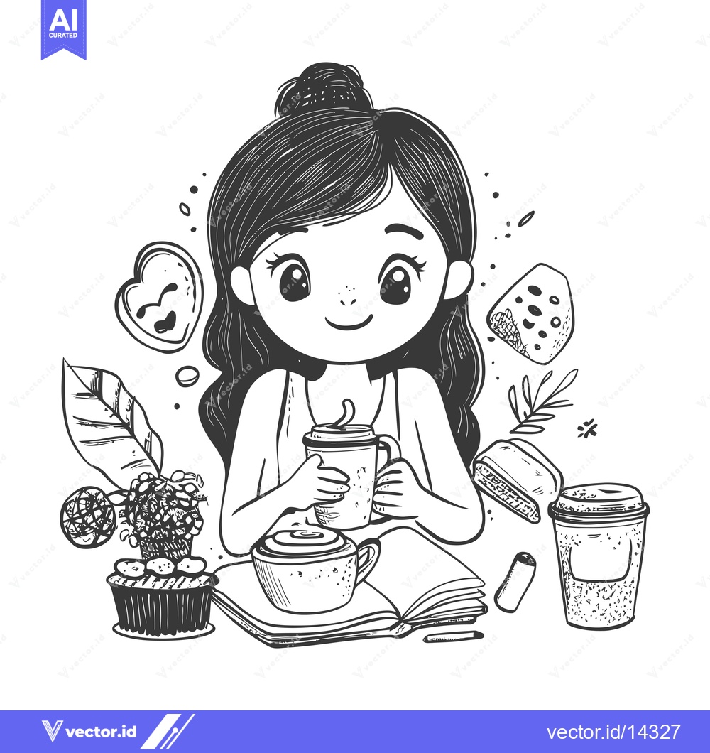 Premium Vector dari A Cute Girl with a Bun Enjoying Coffee and a Book