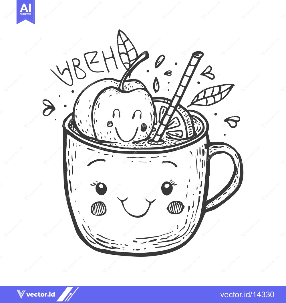 Premium Vector dari A Cute Mug With A Smiling Face Filled With An Apple, Orange, and Straw