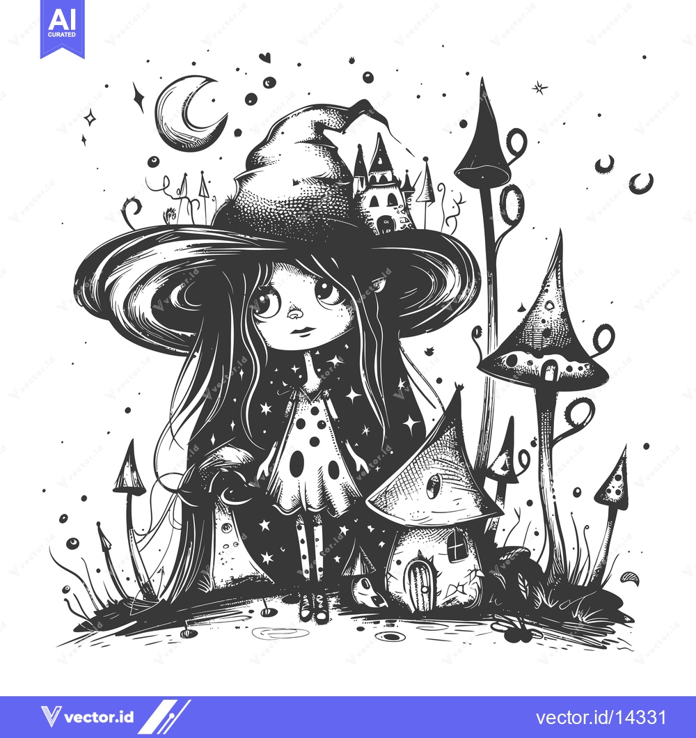 Premium Vector dari A Cute Witch with Big Eyes Standing in Front of a Mushroom House
