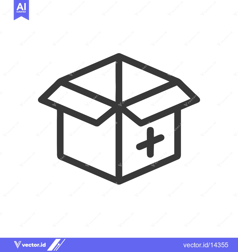 Premium Vector dari Minimalist Open Box Icon with Plus Sign, Dark Gray Outline on White Ba