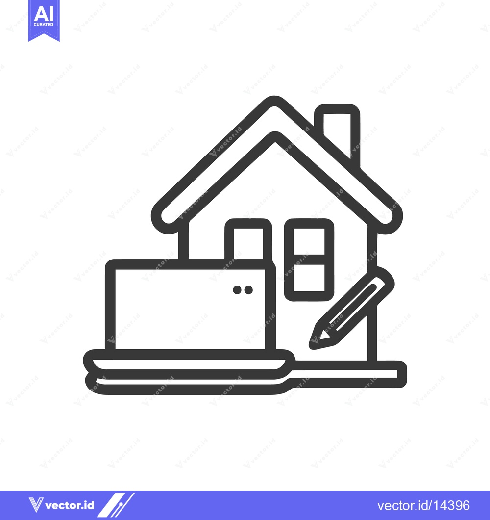 Premium Vector of House Design Icon with Laptop and Pencil, Architectural Planning Symbo