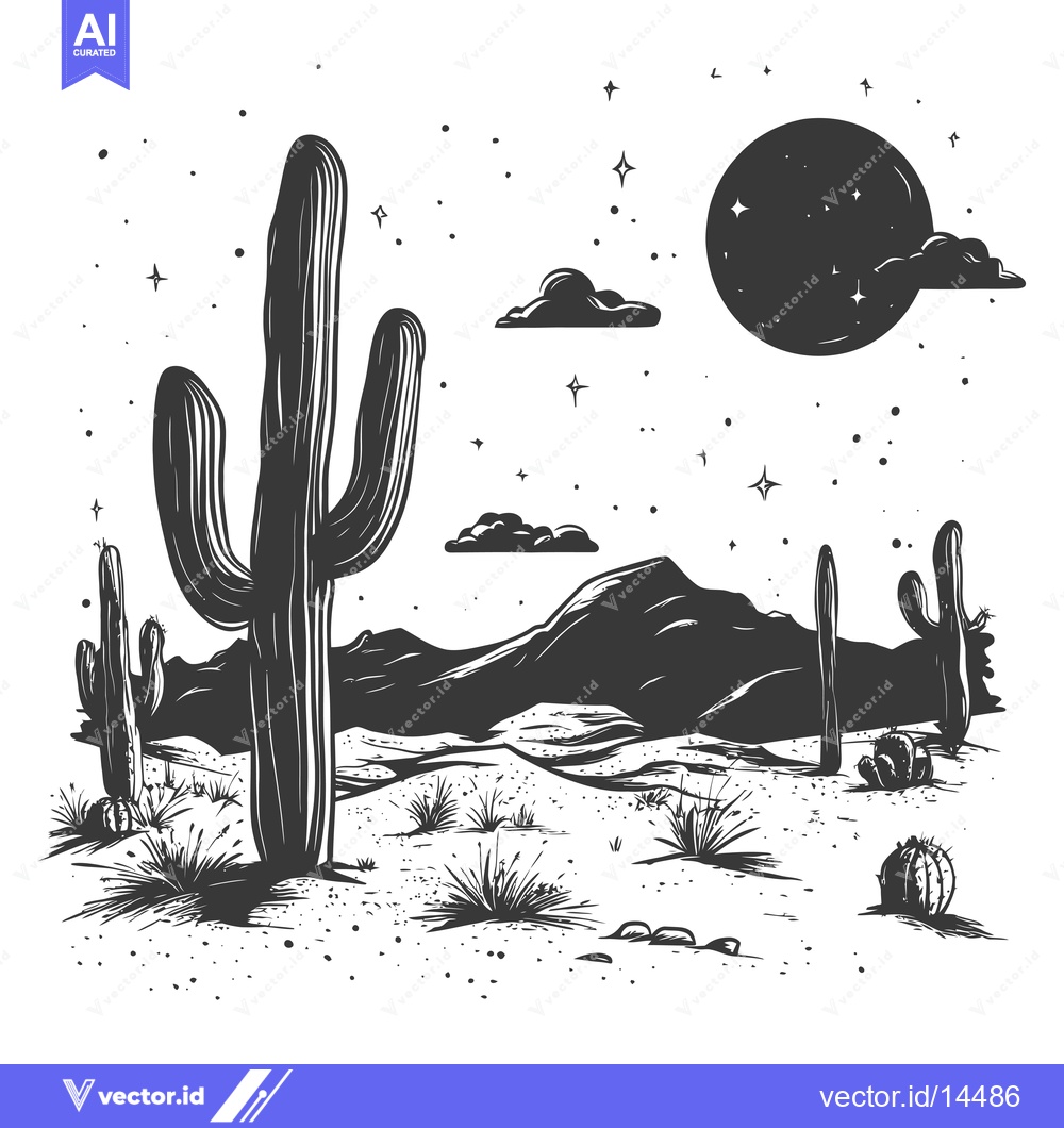 Premium Vector dari A Desert Landscape Underneath a Starry Night Sky with a Full Moon