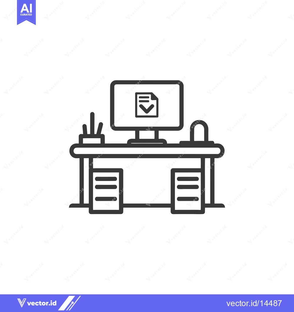 Premium Vector dari A desk with a computer, files, and a checked document on the screen.