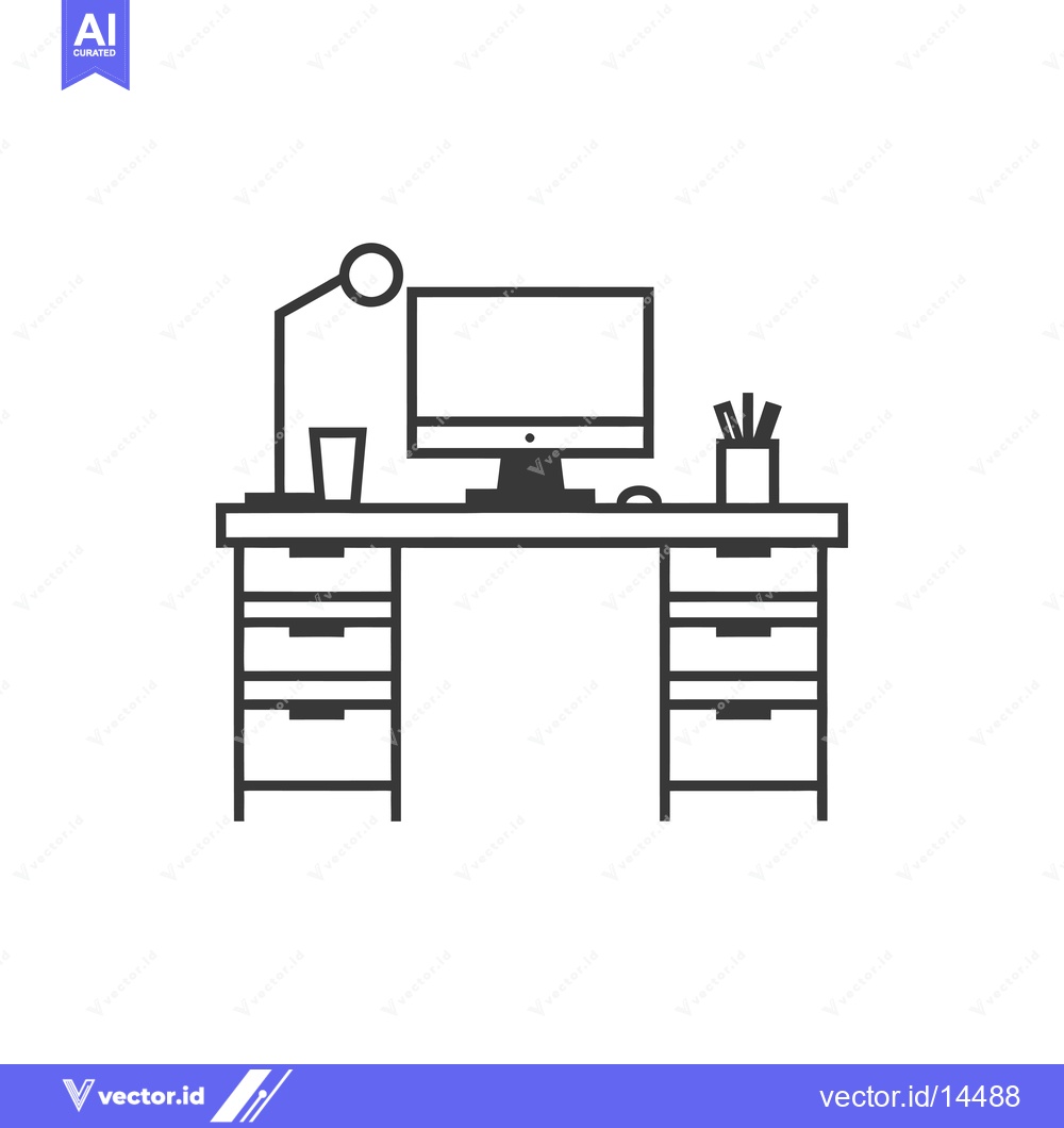 Premium Vector dari A Desk With A Computer, Lamp, Pencil Holder, And Drawers