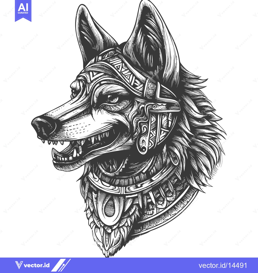 Premium Vector of A Detailed Black and White Drawing of a Wolf's Head Wearing Ornate Jew