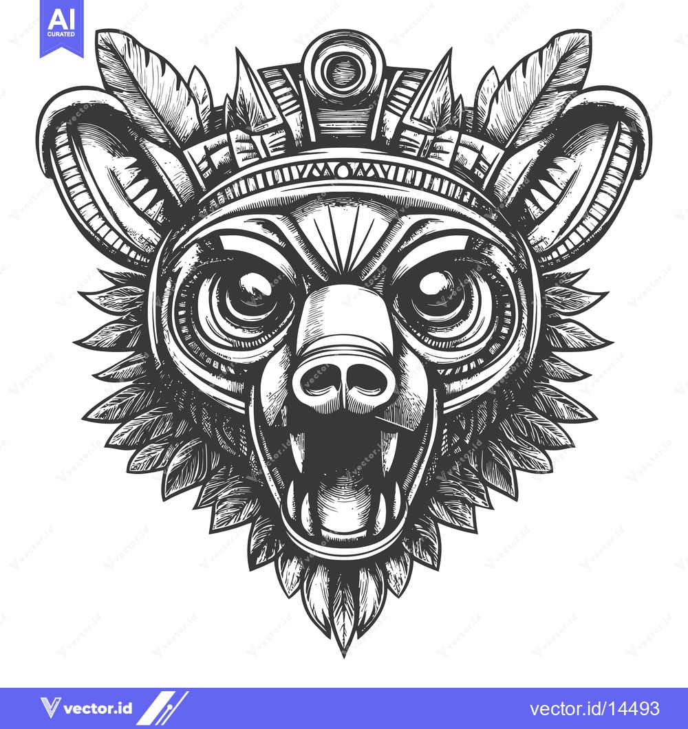Premium Vector dari A Detailed Black and White Illustration of a Bear's Face with Feathers