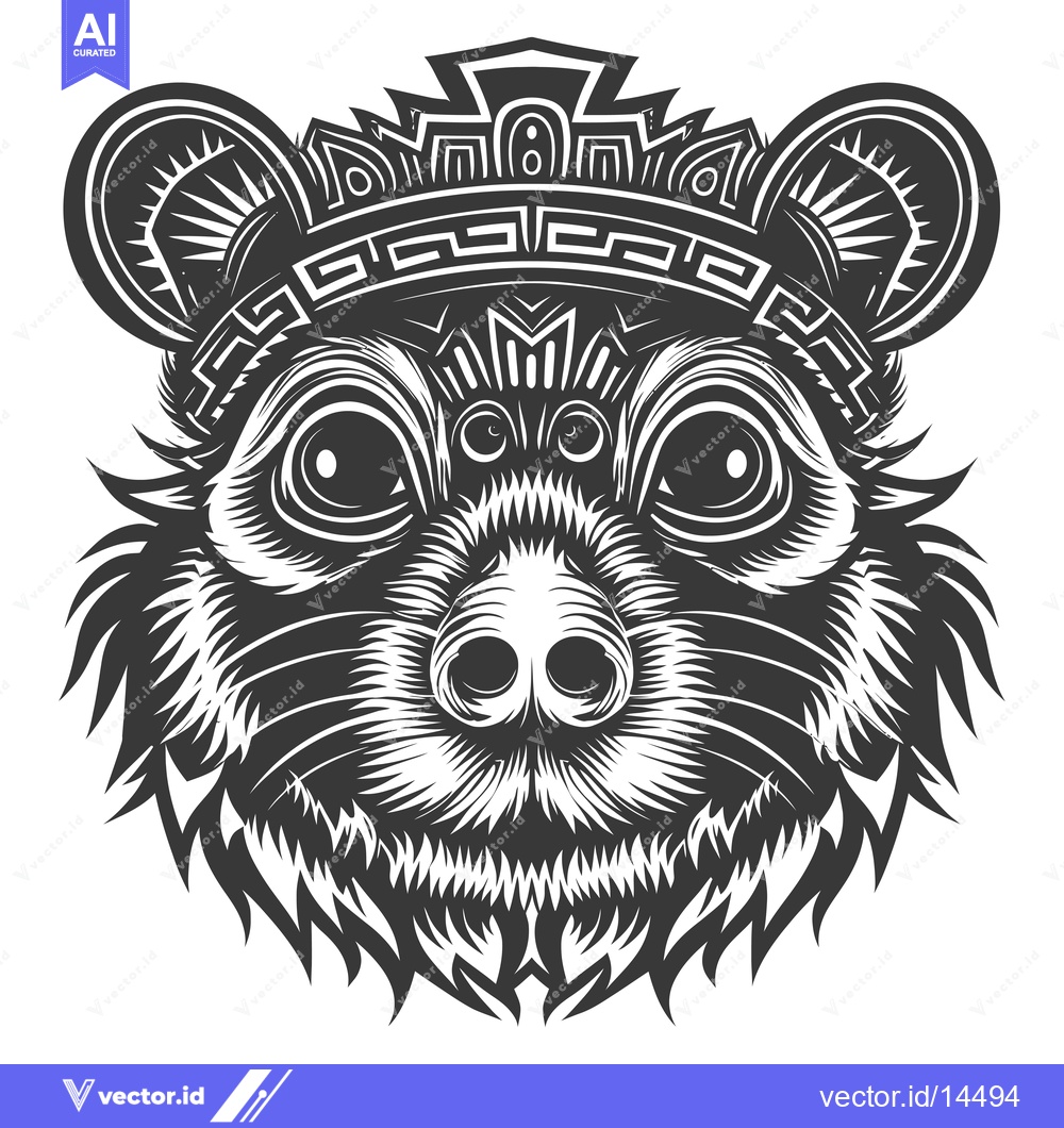 Premium Vector dari A Detailed Black and White Illustration of a Bear's Head with a Geomet