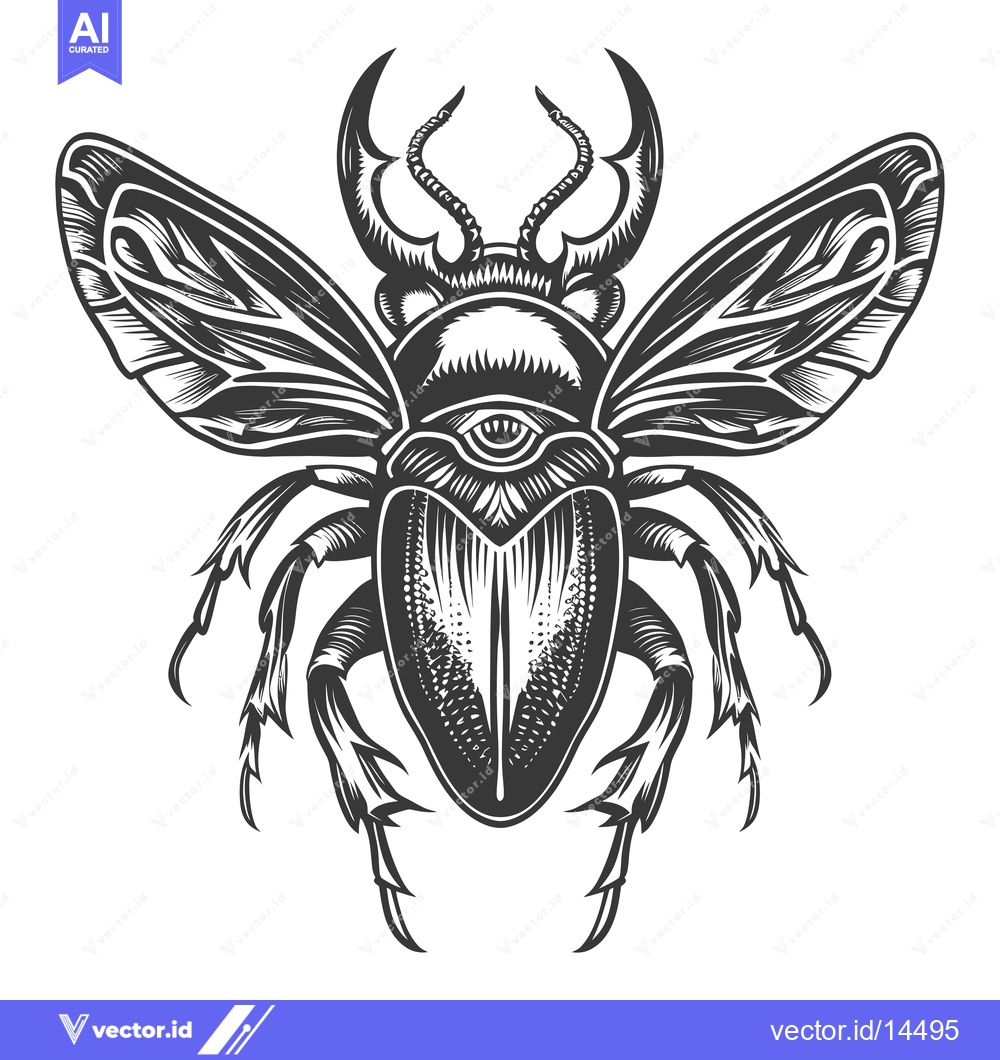 Premium Vector of A detailed black and white illustration of a beetle with an all-seeing