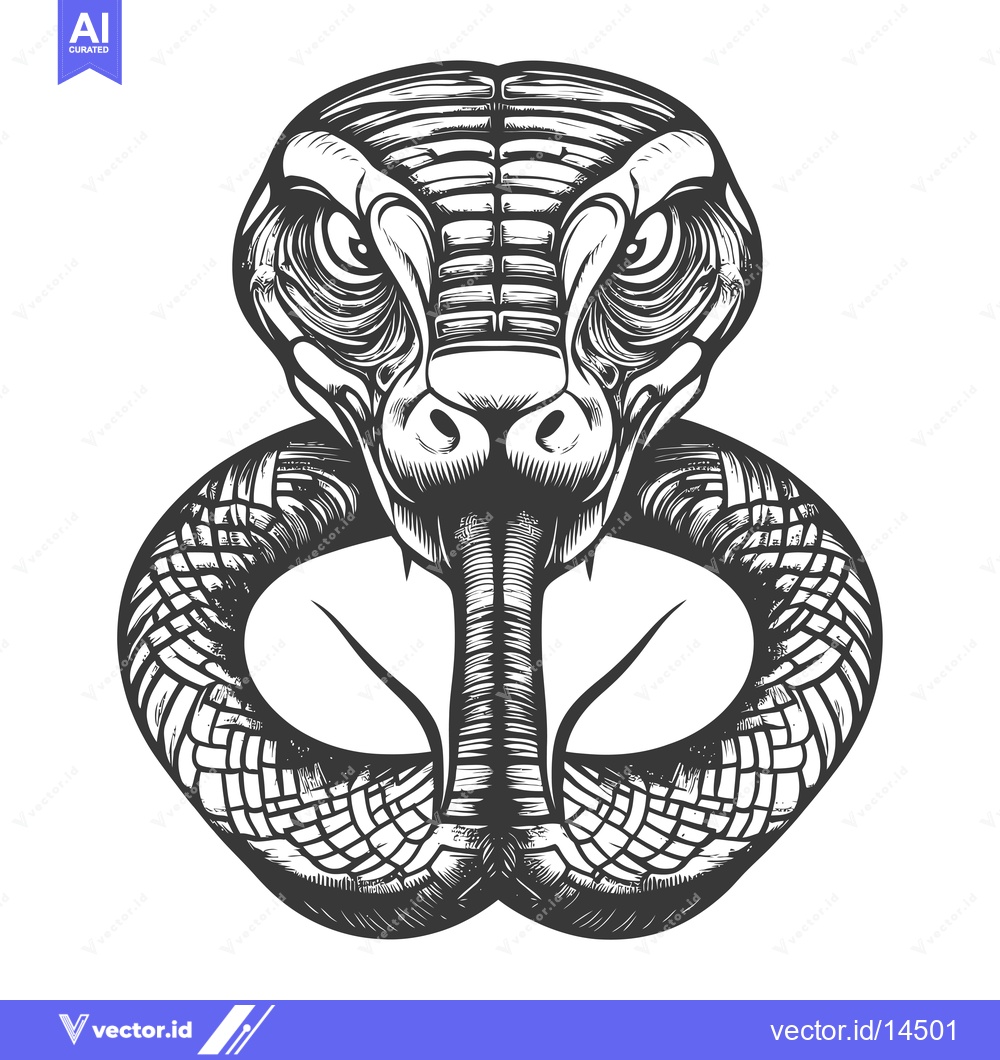 Premium Vector of A Detailed Black and White Illustration of a Cobra's Head and Neck