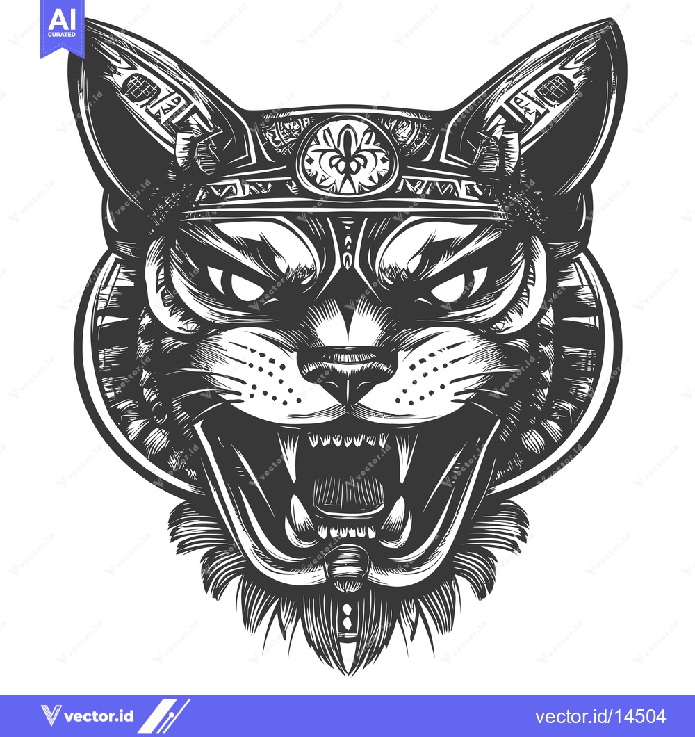 Premium Vector of A Detailed Black and White Illustration of a Ferocious Cat's Head