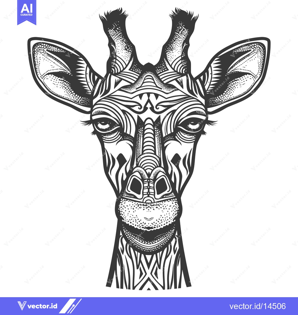 Premium Vector of A Detailed Black and White Illustration of a Giraffe's Head