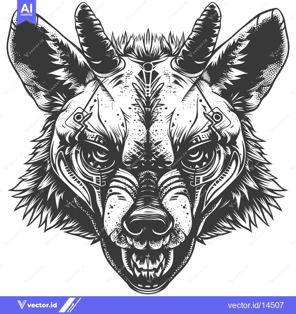 Premium Vector dari A Detailed Black and White Illustration of a Growling Hyena Head