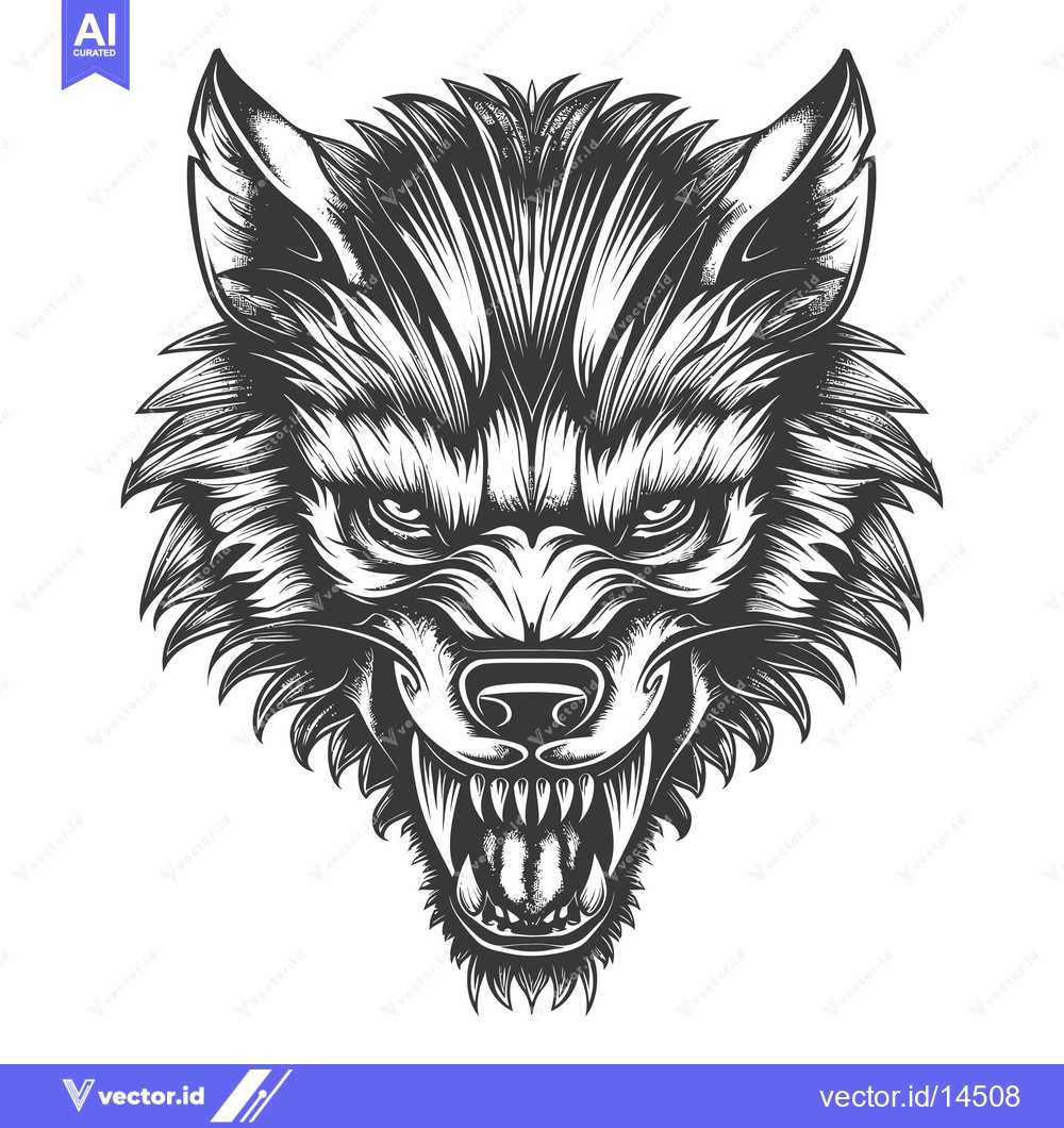 Premium Vector dari A Detailed Black and White Illustration of a Growling Wolf's Head
