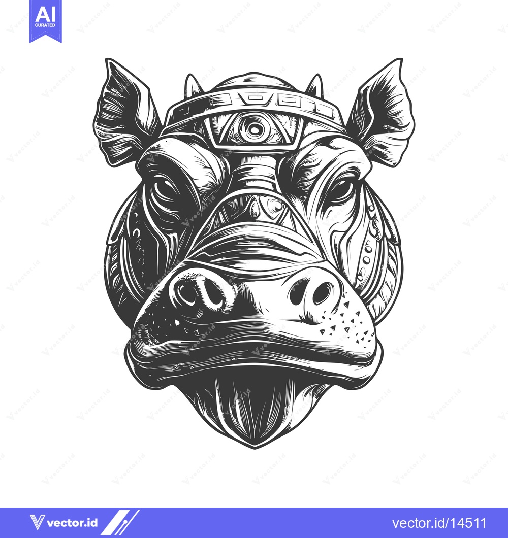 Premium Vector of A Detailed Black and White Illustration of a Hippopotamus Head with Tr