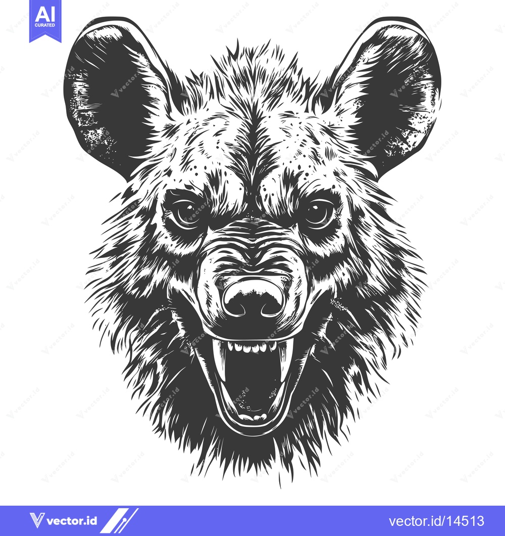 Premium Vector of A Detailed Black and White Illustration of a Hyena's Head with a Feroc