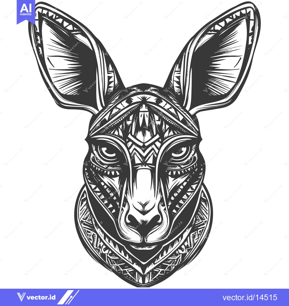 Premium Vector of A Detailed Black and White Illustration of a Kangaroo's Head with Trib