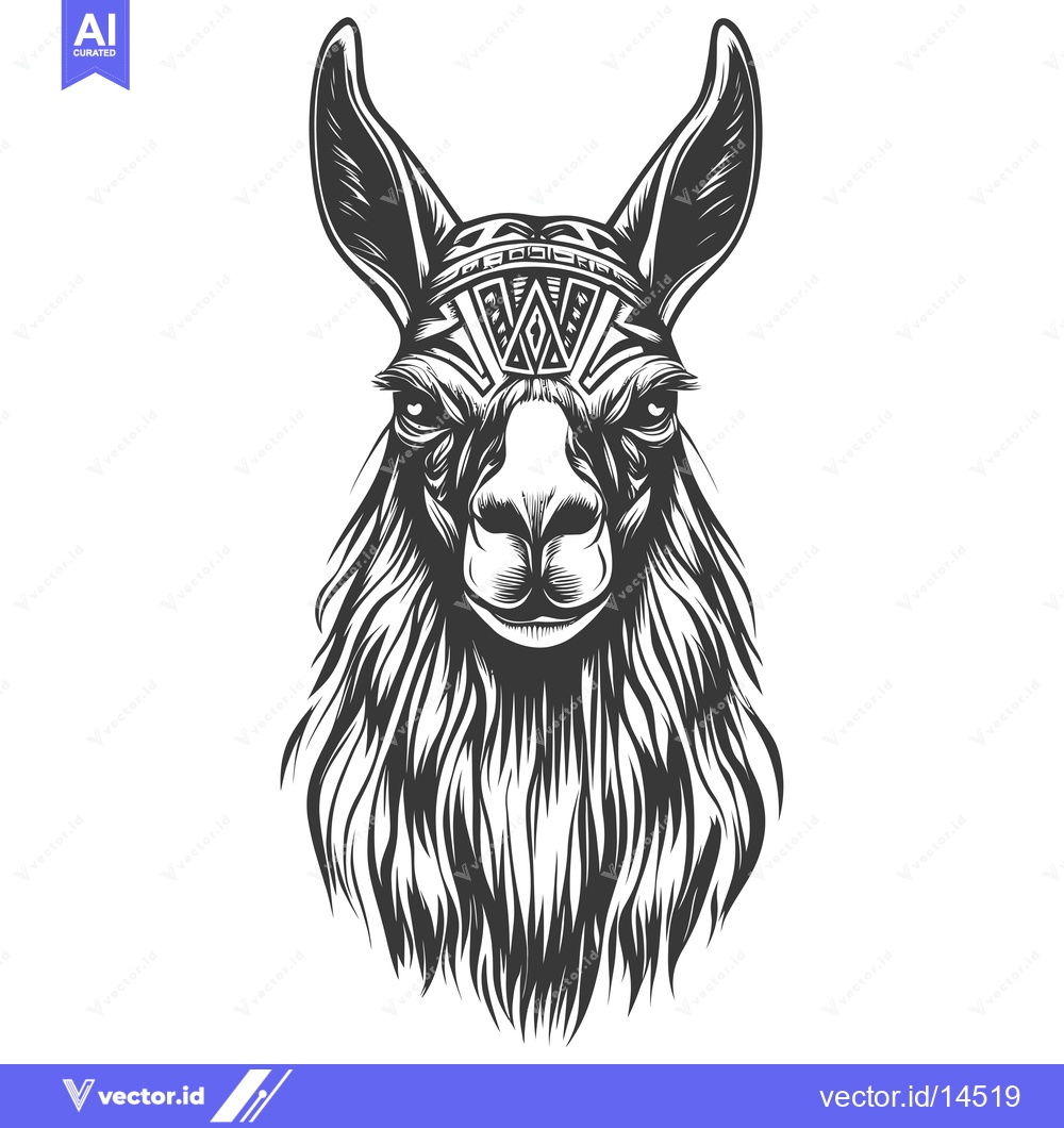 Premium Vector dari A Detailed Black and White Illustration of a Llama's Head with Tribal