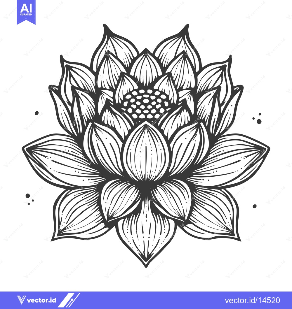 Premium Vector dari A Detailed Black and White Illustration of a Lotus Flower with Multipl