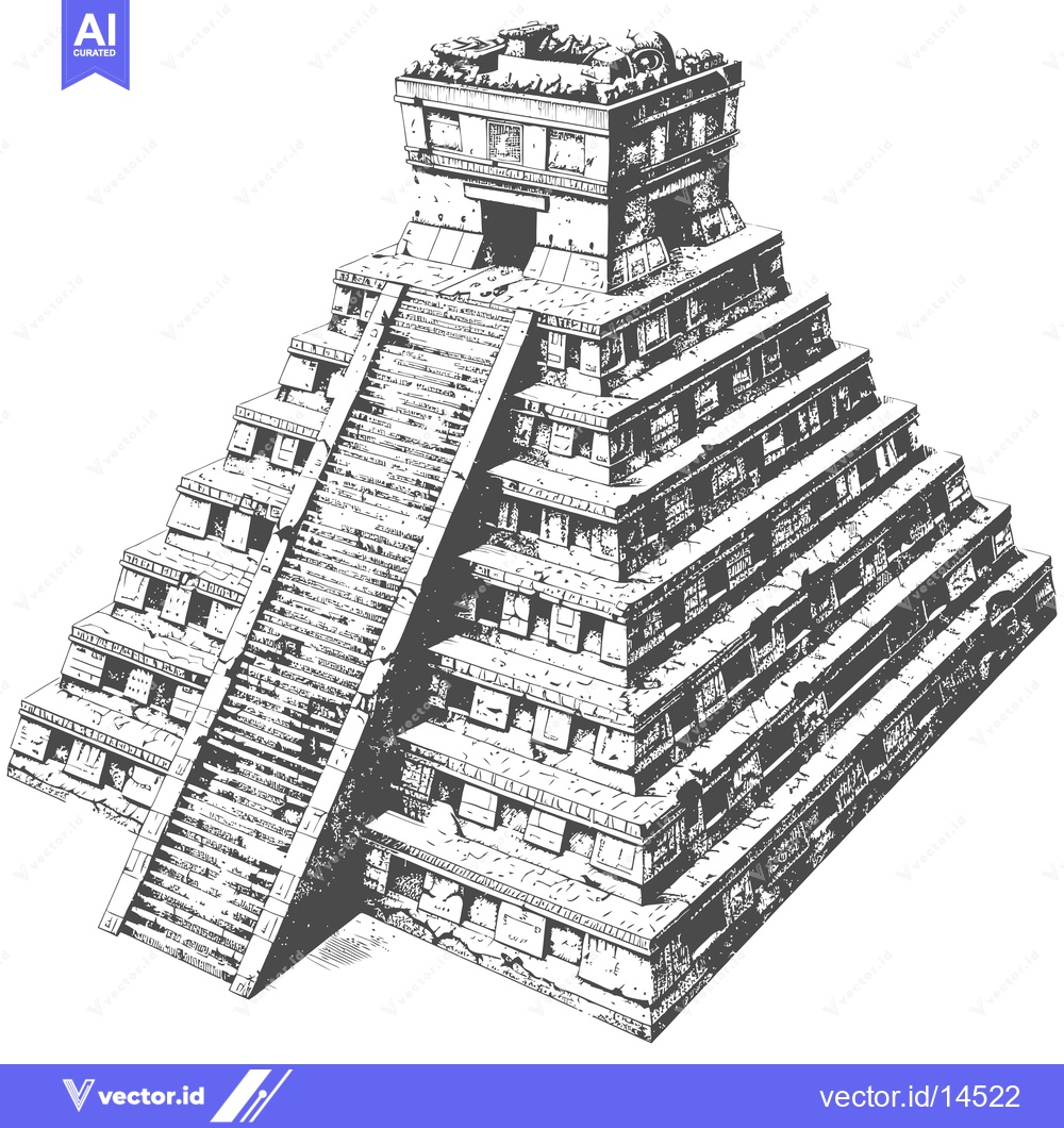 Premium Vector of A Detailed Black and White Illustration of a Mayan Pyramid