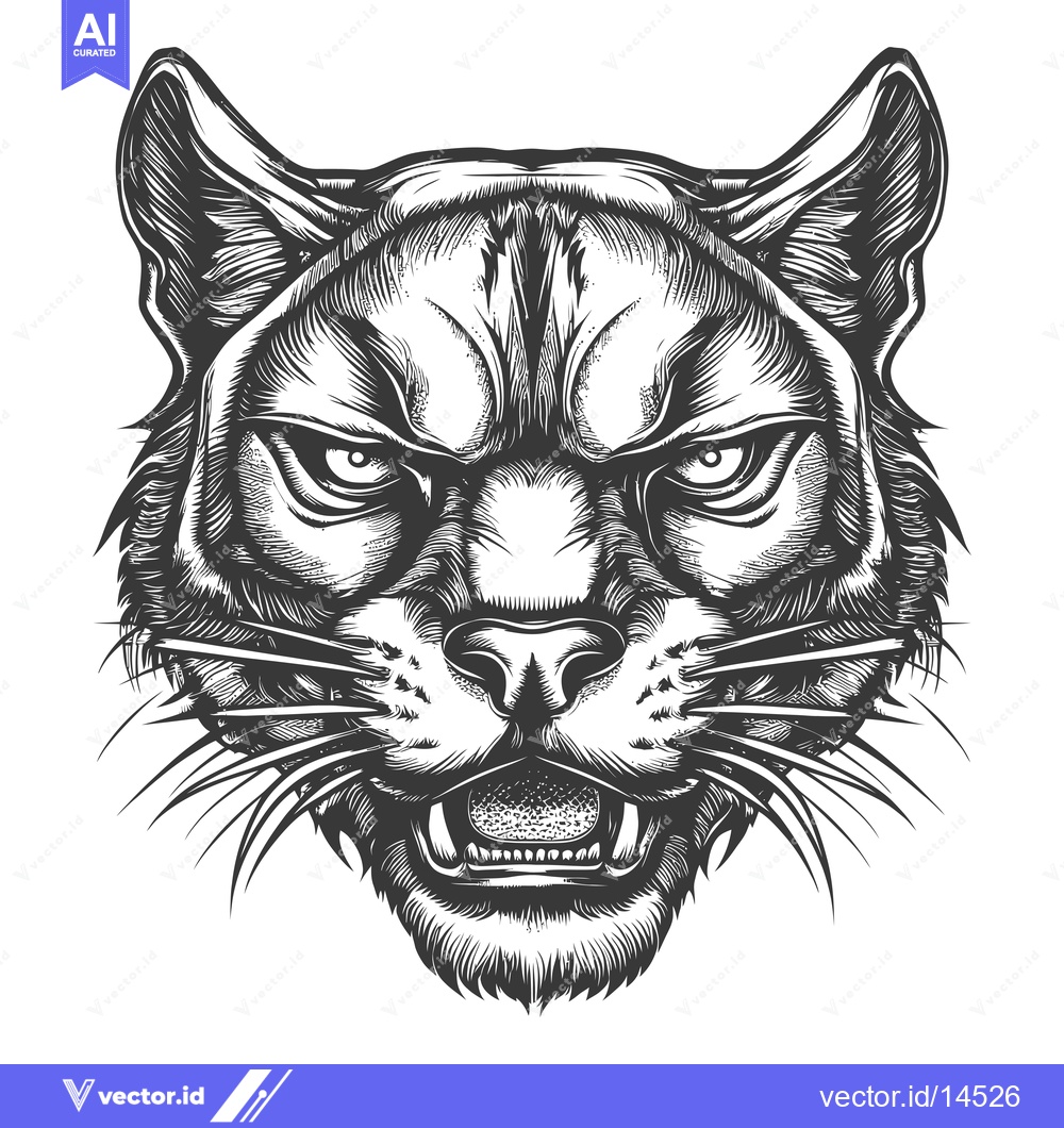 Premium Vector dari A Detailed Black and White Illustration of an Angry Cat's Head