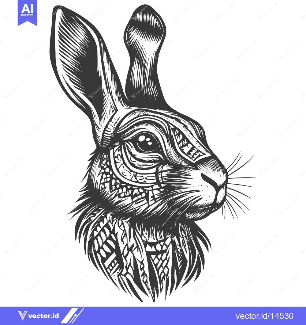 Premium Vector of A Detailed Black and White Illustration of a Rabbit's Head