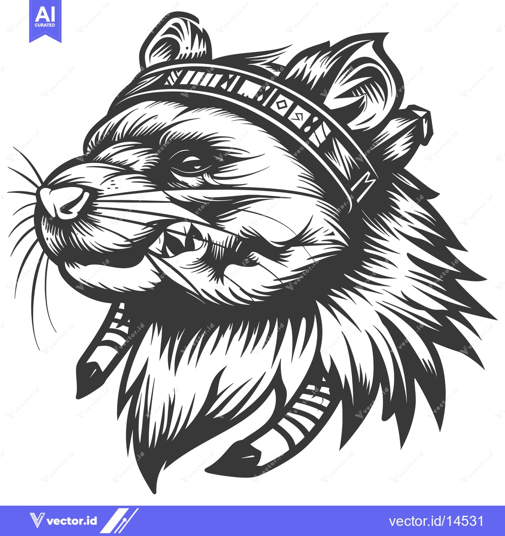 Premium Vector of A Detailed Black and White Illustration of a Raccoon Head with a Headb