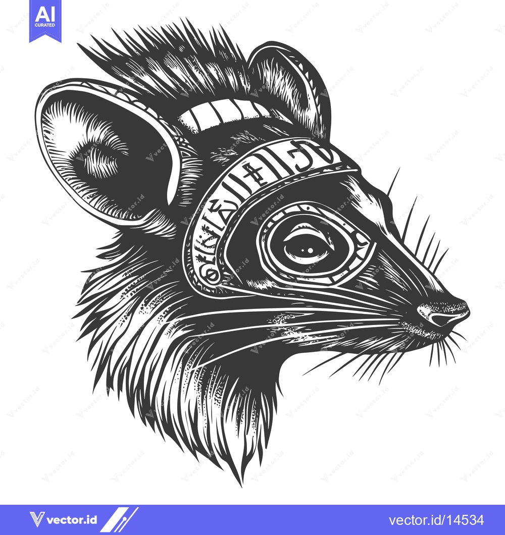 Premium Vector dari A detailed black and white illustration of a rat's head with tribal ma
