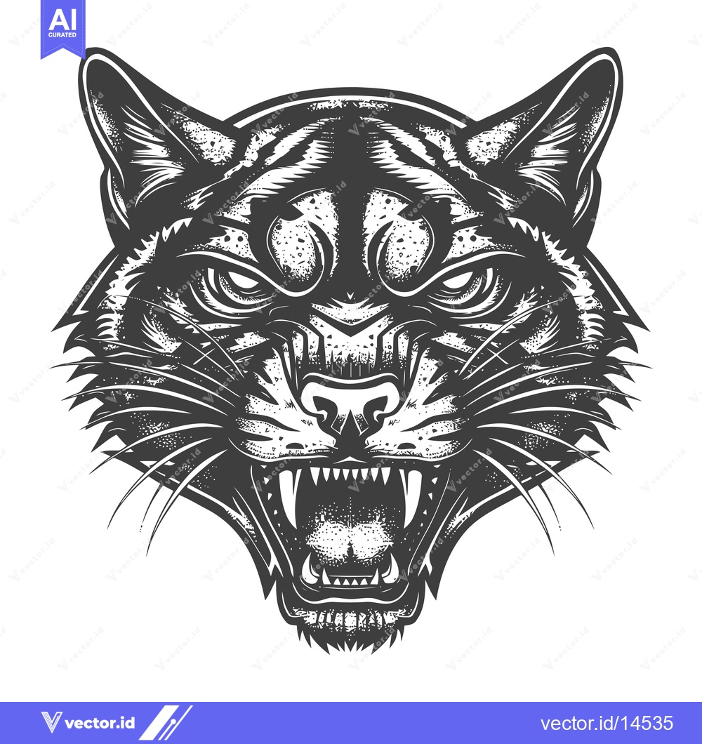 Premium Vector of A Detailed Black and White Illustration of a Roaring Cat's Head