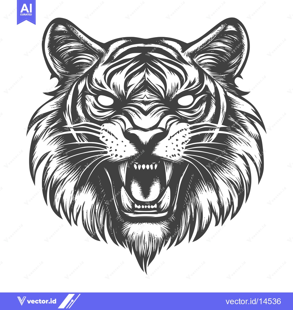 Premium Vector dari A Detailed Black and White Illustration of a Roaring Tiger Head
