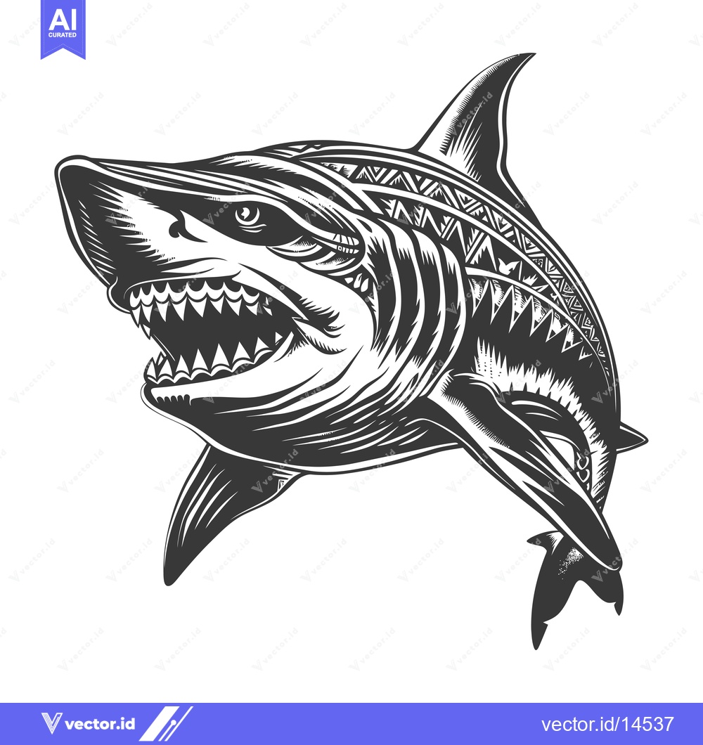 Premium Vector dari A detailed black and white illustration of a shark with tribal pattern