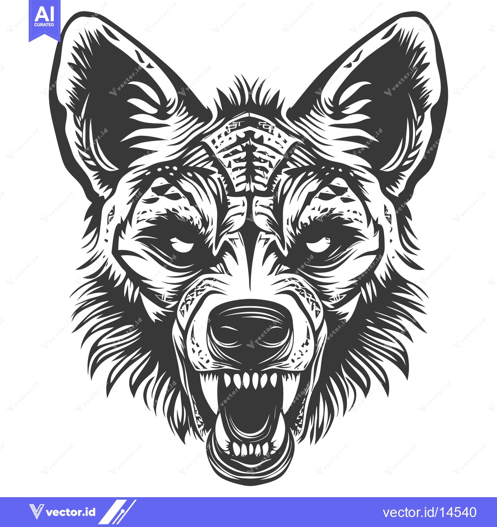 Premium Vector dari A detailed black and white illustration of a snarling wolf head with s
