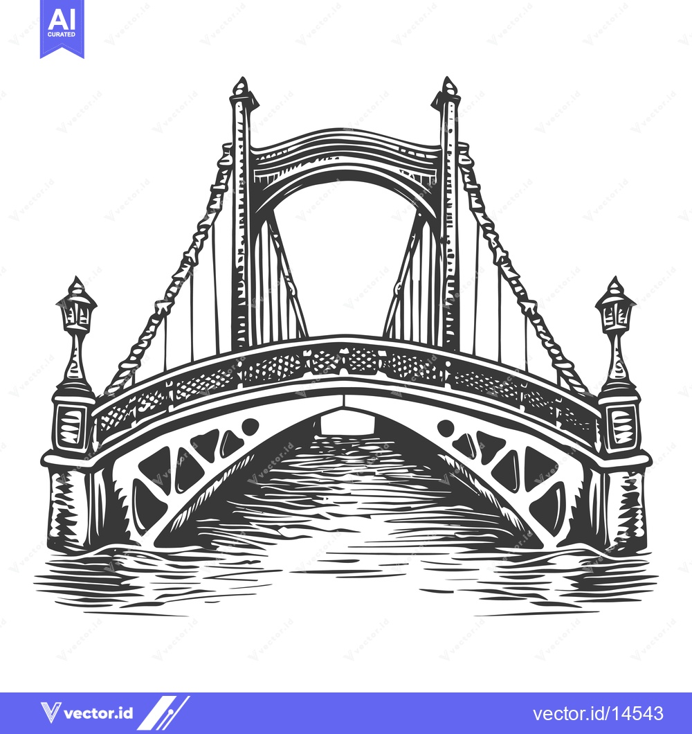 Premium Vector dari A Detailed Black and White Illustration of a Suspension Bridge