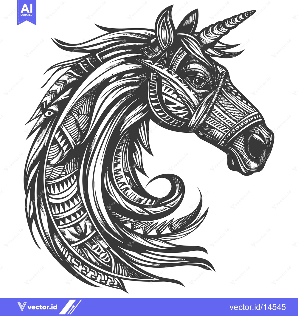 Premium Vector of A Detailed Black and White Illustration of a Unicorn's Head with Geome