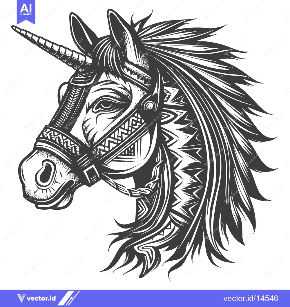 Premium Vector dari A Detailed Black and White Illustration of a Unicorn's Head with Triba