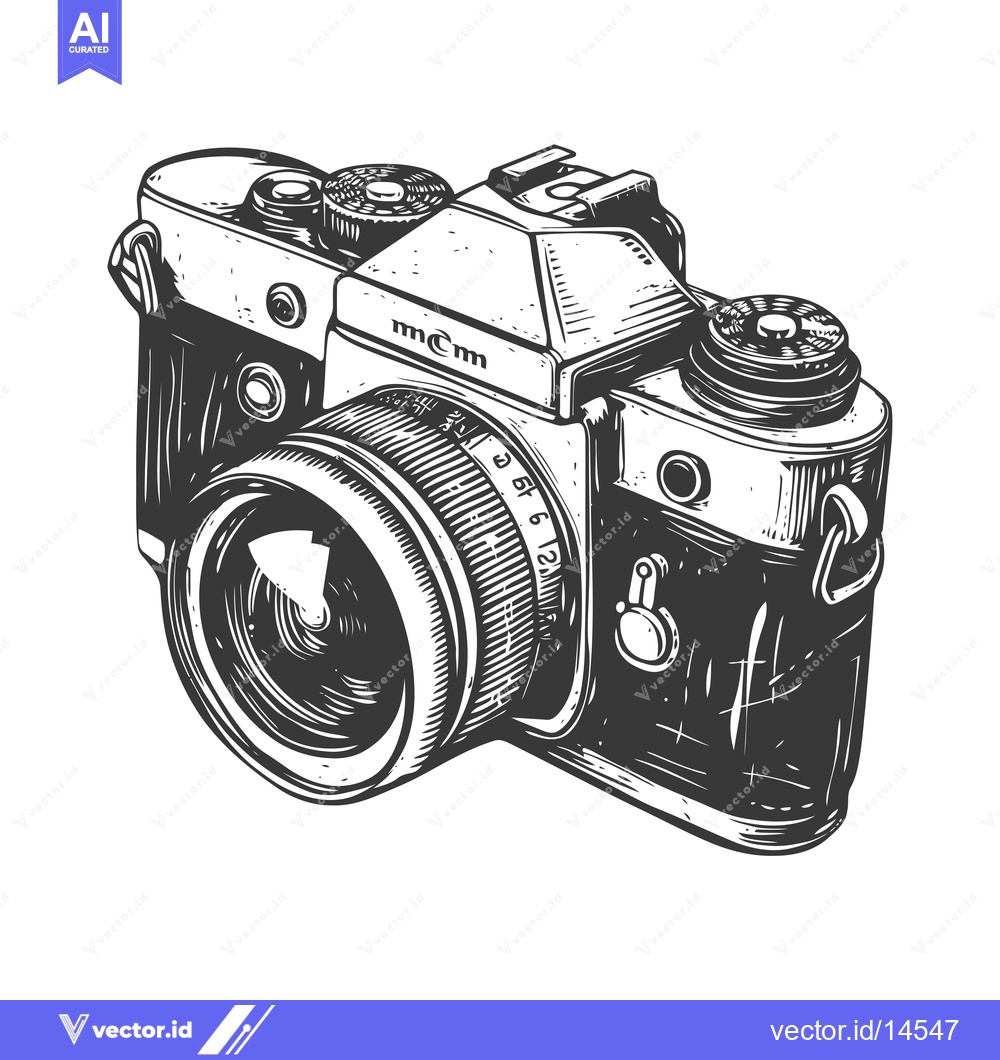 Premium Vector of A Detailed Black and White Illustration of a Vintage Camera
