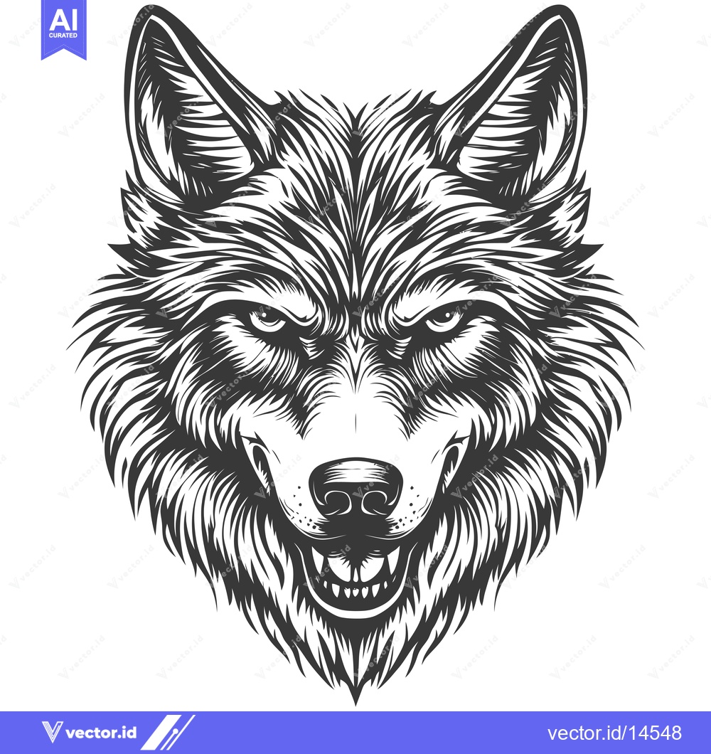 Premium Vector dari A Detailed Black and White Illustration of a Wolf's Head